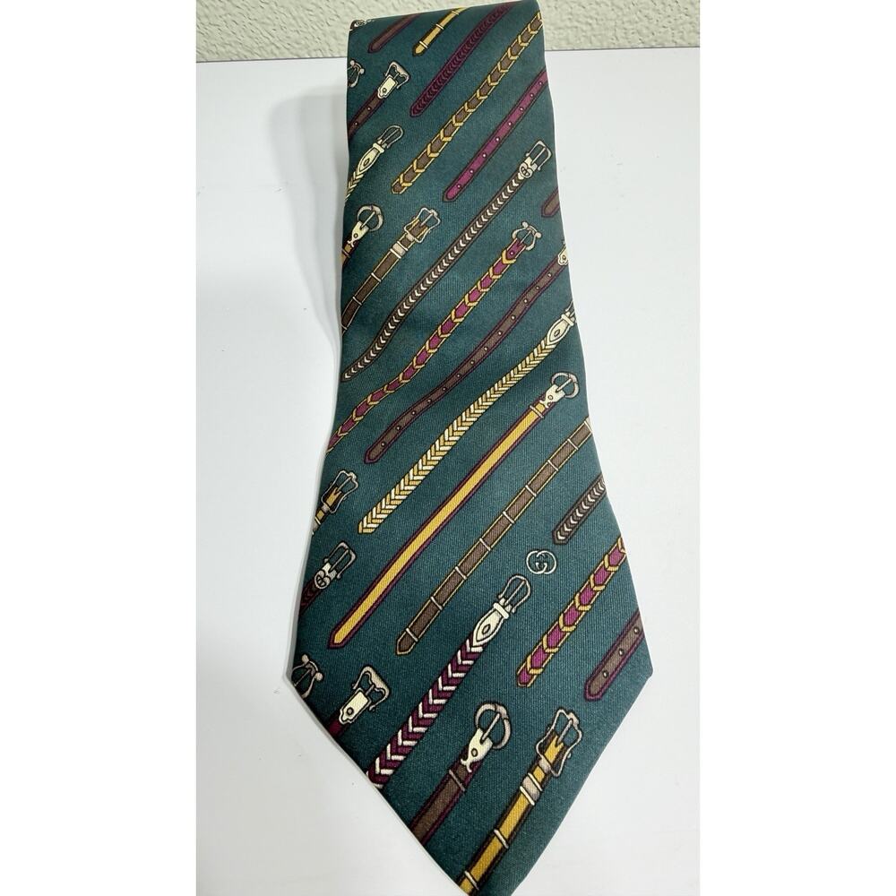 Vintage Gucci Silk Tie Teal Belt Buckle Strap Novelty Print Made in Italy 80s